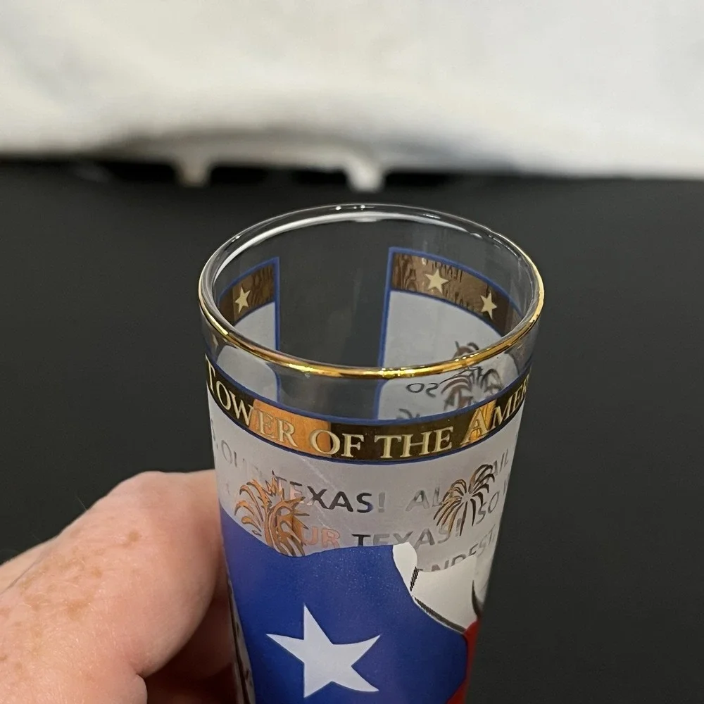 San Antonio Texas Footed Tall Stem Shot Glass Souvenir State Flag Gold Accents